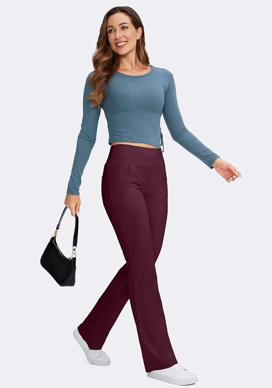 Rammus Womens High Waist Yoga Dress Pants with Pockets Stretch Work Pants for Women Bootcut Leg Slacks for Office Casual