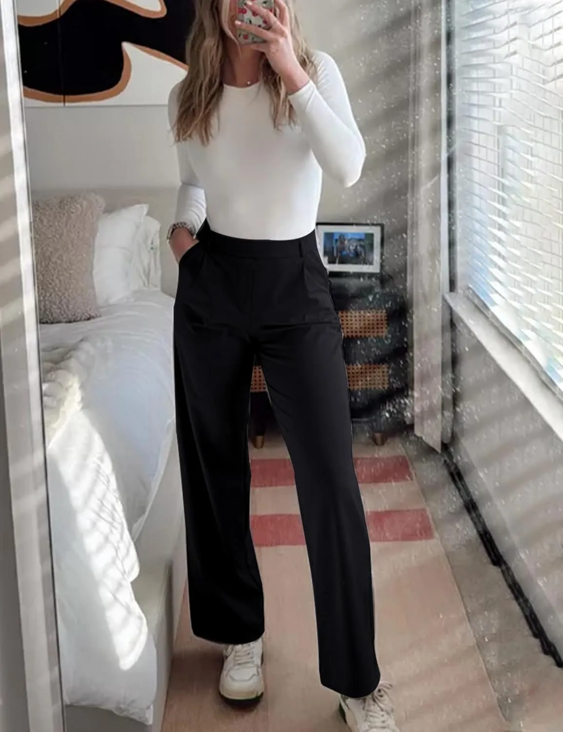 Rheane Women's High Waisted with Pockets Wide Leg Pants Pleated Dress Slacks with Belt Loops for Casual Wear Yoga-Pants