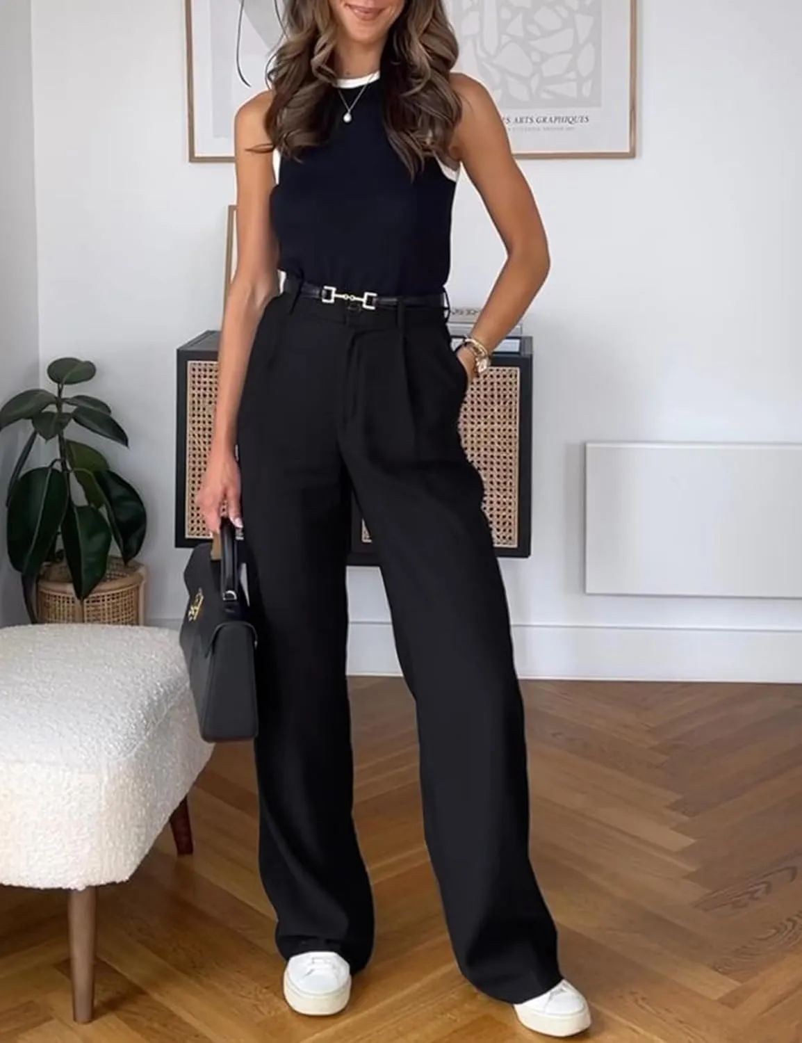 Rheane Women's High Waisted with Pockets Wide Leg Pants Pleated Dress Slacks with Belt Loops for Casual Wear Yoga-Pants
