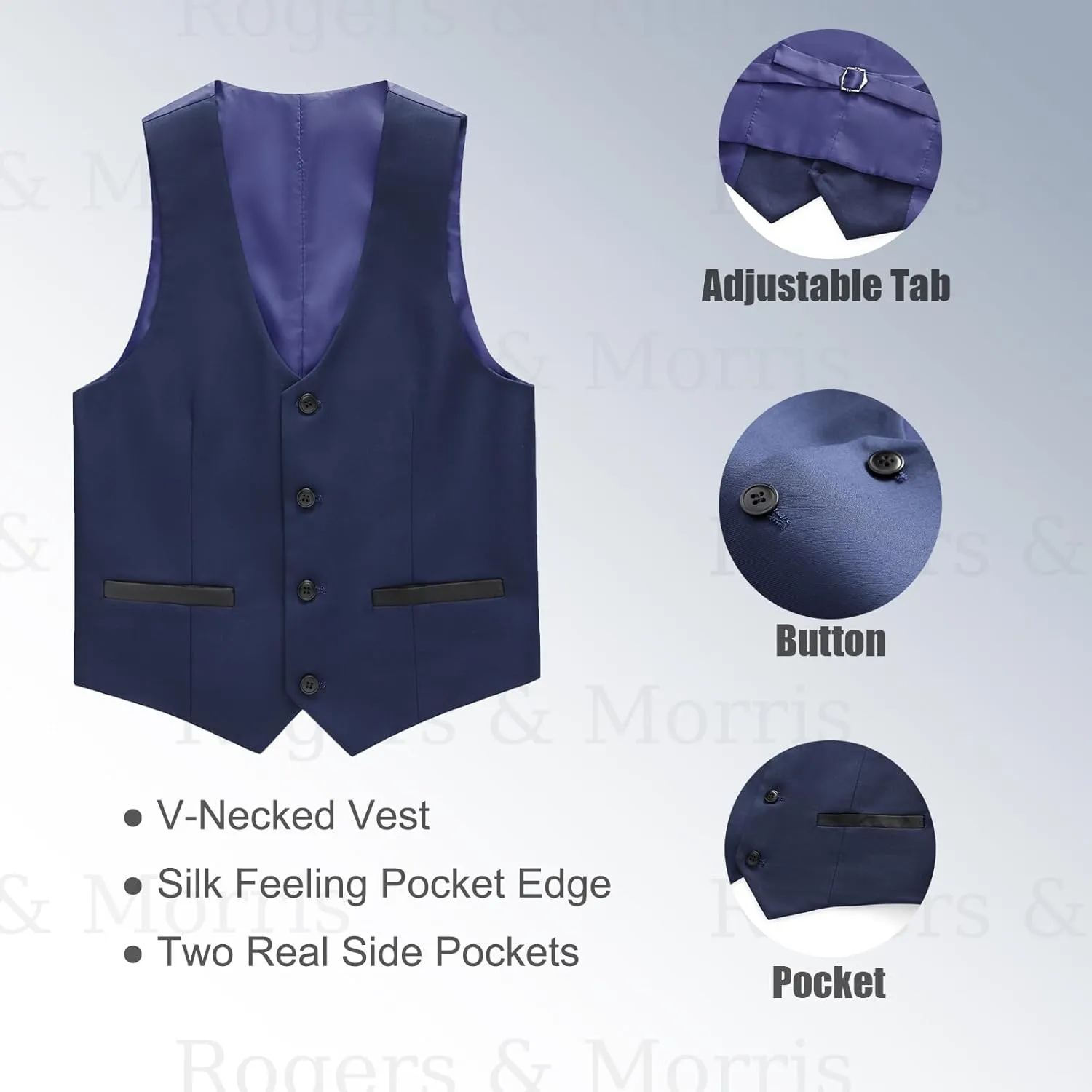 Rogers & Morris Boys Tuxedo Suit Formal Outfits Slim Fit Solid Kids 5 Piece Suit Set Peak Lapel