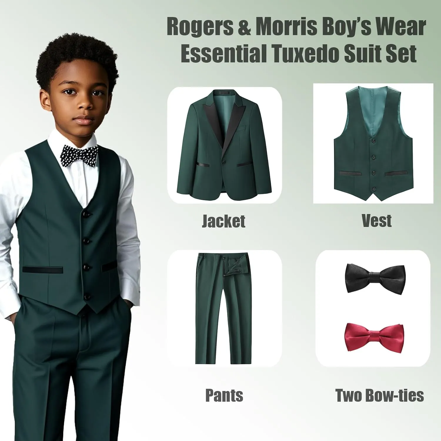 Rogers & Morris Boys Tuxedo Suit Formal Outfits Slim Fit Solid Kids 5 Piece Suit Set Peak Lapel