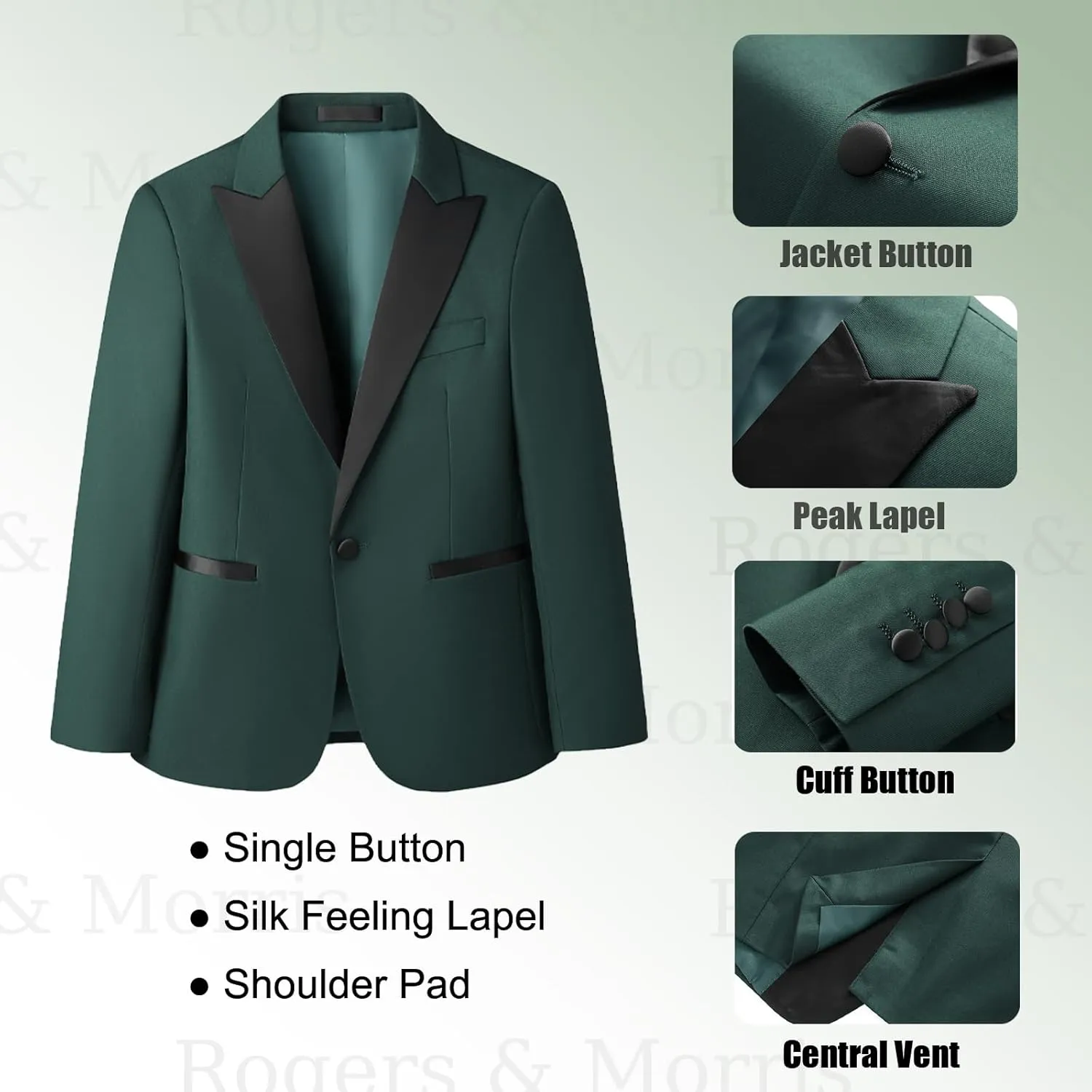 Rogers & Morris Boys Tuxedo Suit Formal Outfits Slim Fit Solid Kids 5 Piece Suit Set Peak Lapel