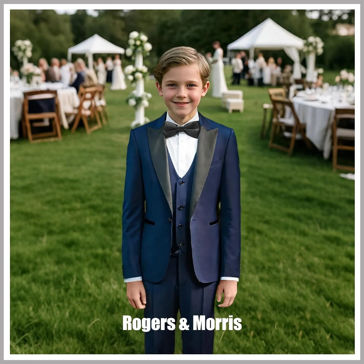 Rogers & Morris Boys Tuxedo Suit Formal Outfits Slim Fit Solid Kids 5 Piece Suit Set Peak Lapel