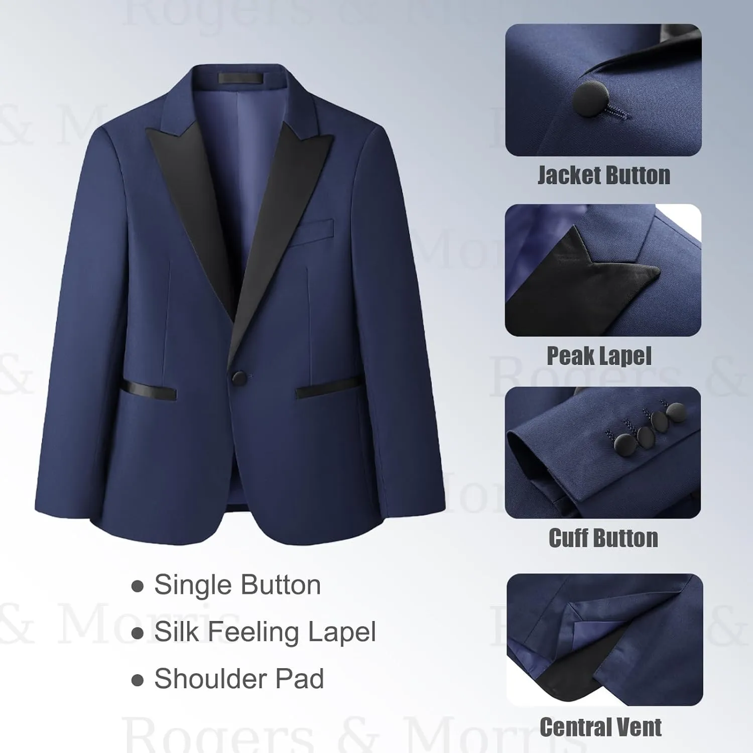 Rogers & Morris Boys Tuxedo Suit Formal Outfits Slim Fit Solid Kids 5 Piece Suit Set Peak Lapel