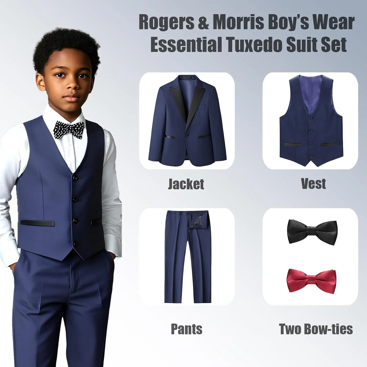 Rogers & Morris Boys Tuxedo Suit Formal Outfits Slim Fit Solid Kids 5 Piece Suit Set Peak Lapel