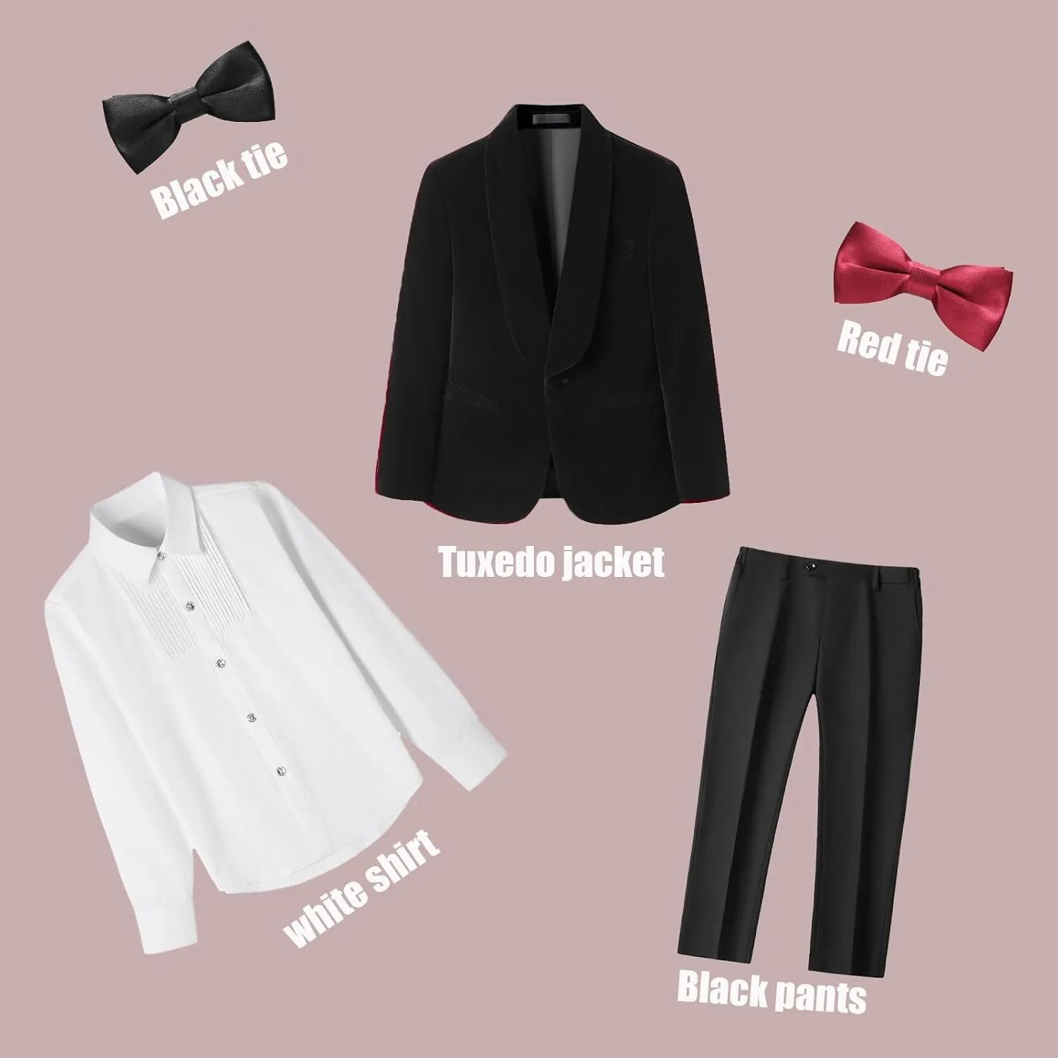 Rogers & Morris Boys Velvet Tuxedo Suit Formal Outfits Slim Fit Kids 5 Piece Set Shawl Lapel with 2 Bow-tie