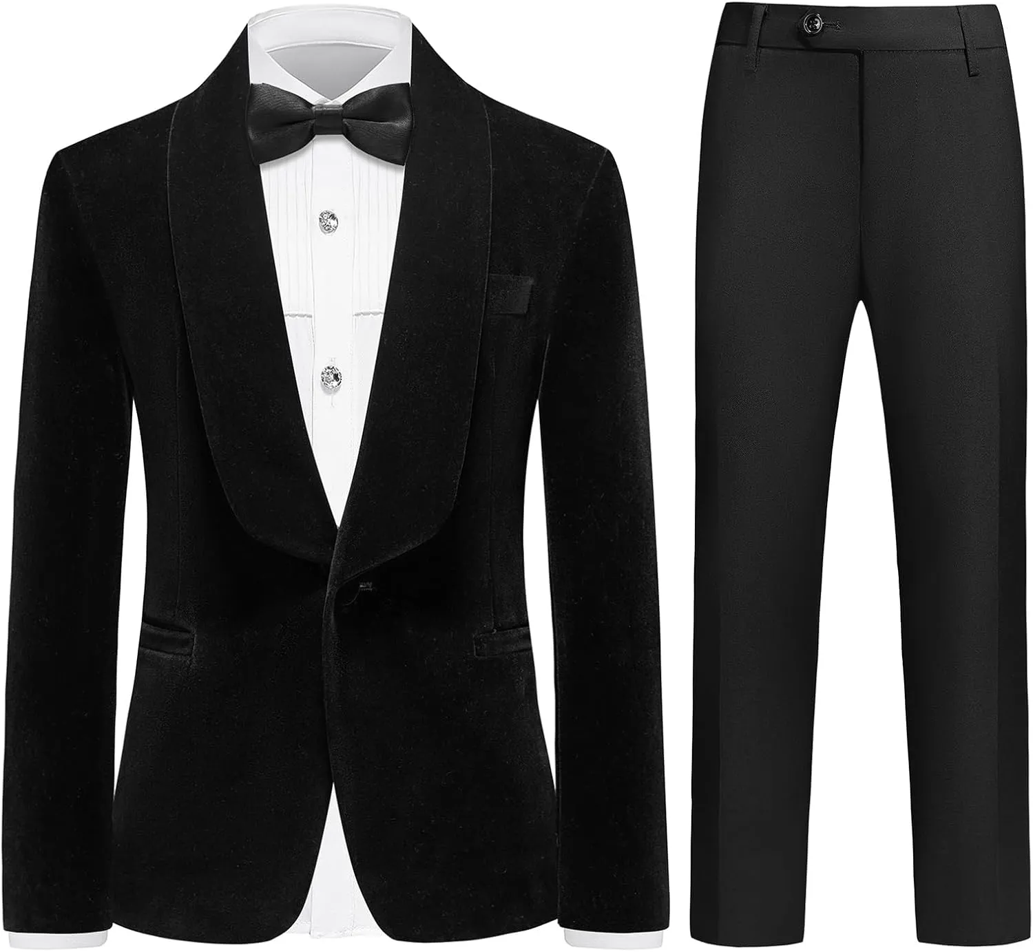 Rogers & Morris Boys Velvet Tuxedo Suit Formal Outfits Slim Fit Kids 5 Piece Set Shawl Lapel with 2 Bow-tie