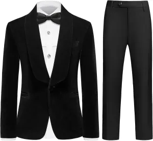 Rogers & Morris Boys Velvet Tuxedo Suit Formal Outfits Slim Fit Kids 5 Piece Set Shawl Lapel with 2 Bow-tie