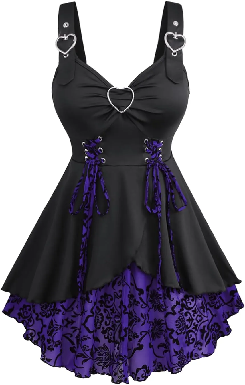 ROSE GAL Womens Plus Size Floral Flocking Tulip Hem Layered Ruffles Lace Up Ruched Heart Buckles Gothic Tank Top