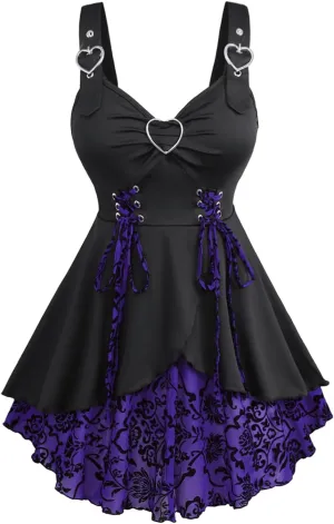 ROSE GAL Womens Plus Size Floral Flocking Tulip Hem Layered Ruffles Lace Up Ruched Heart Buckles Gothic Tank Top