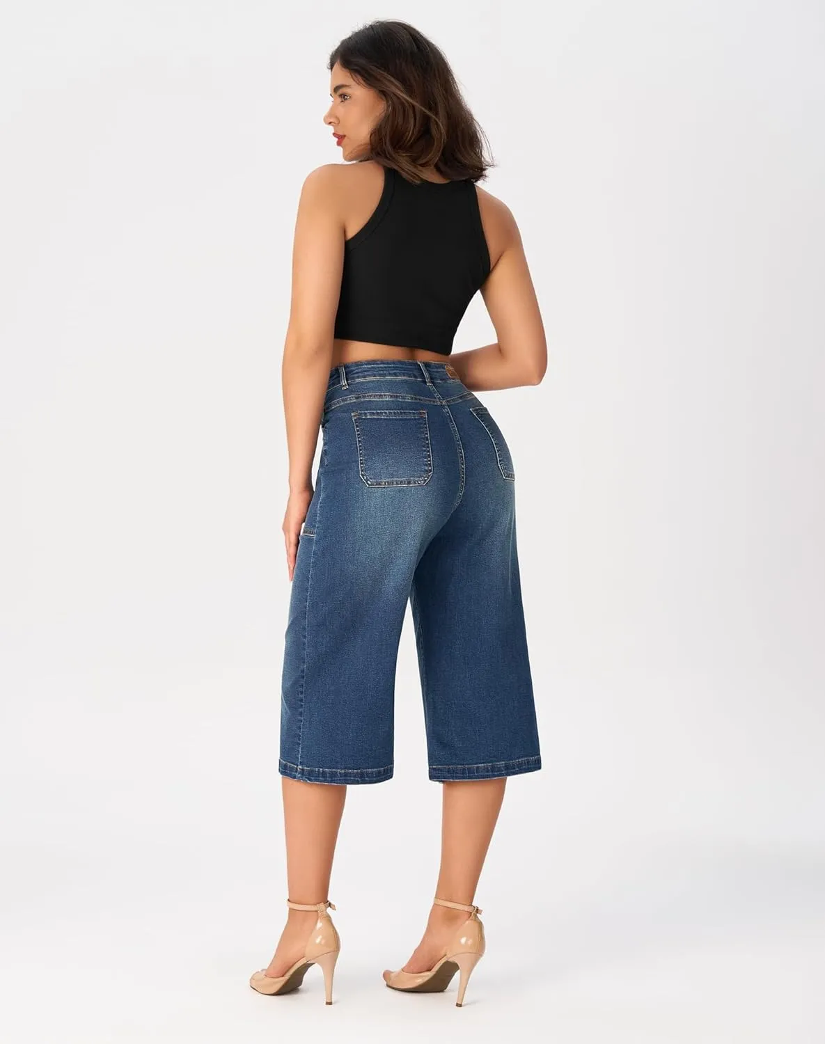 roswear Womens Wide Leg Capri Pants Stretchy High Waisted Loose Denim Jeans