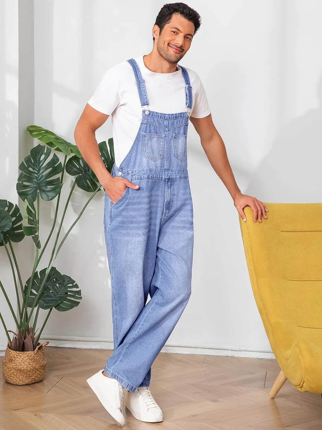 Runcati Men's Denim Bib Overalls Jeans Fashion Loose Fit Adjustable Straps Boot Cut Trousers Jumpsuit with Multi Pockets