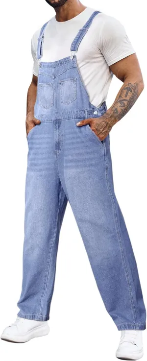 Runcati Men's Denim Bib Overalls Jeans Fashion Loose Fit Adjustable Straps Boot Cut Trousers Jumpsuit with Multi Pockets