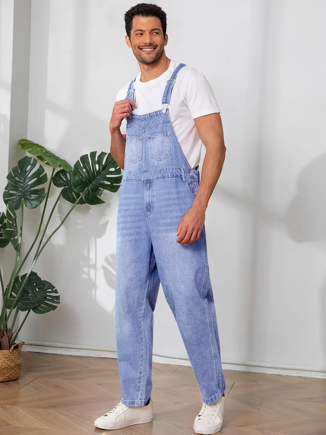 Runcati Men's Denim Bib Overalls Jeans Fashion Loose Fit Adjustable Straps Boot Cut Trousers Jumpsuit with Multi Pockets