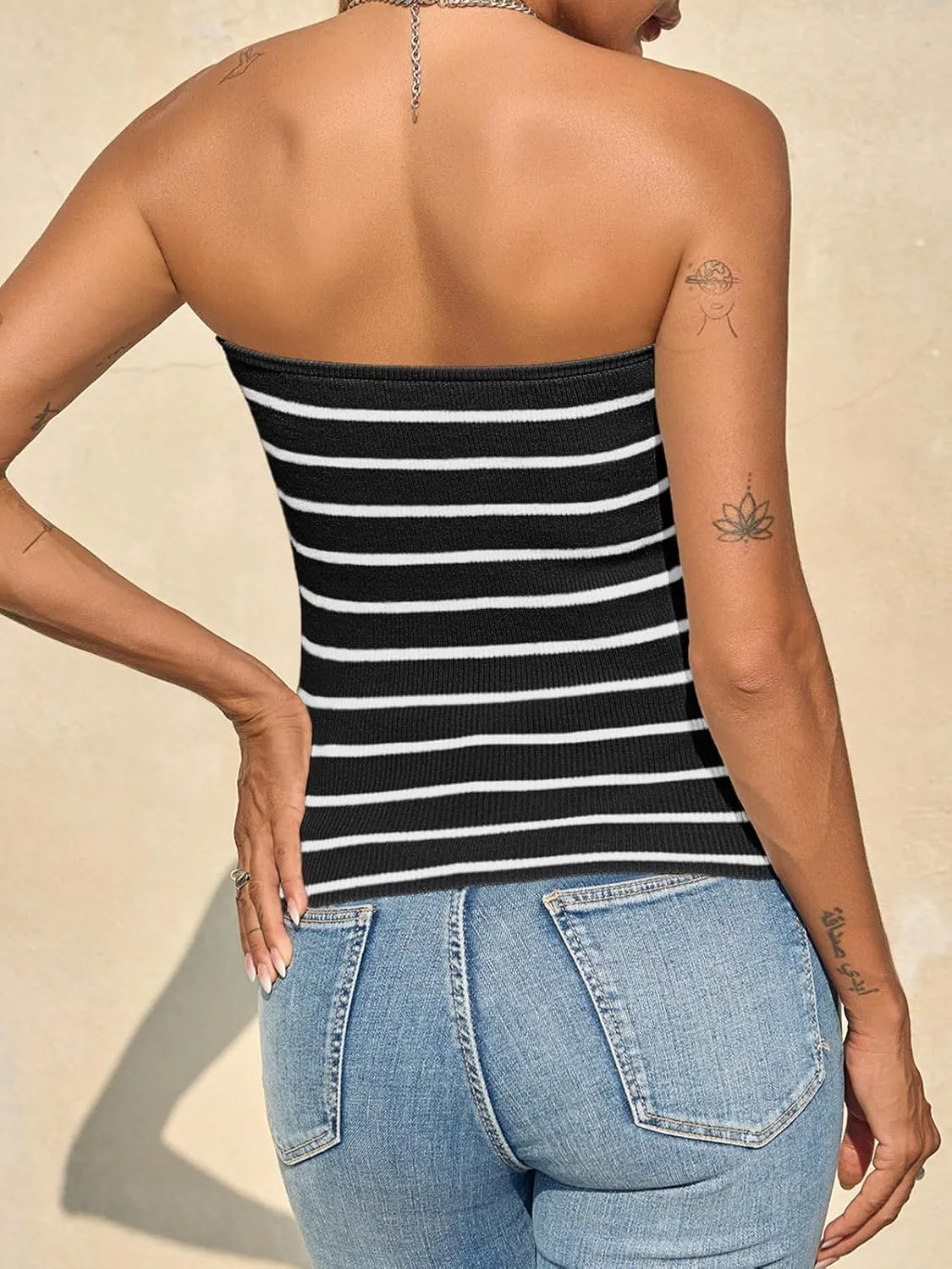 Saodimallsu Womens Striped Tube Top Strapless Sexy Y2K Summer Going Out Slim Fit Knit Bandeau Sweater Tops
