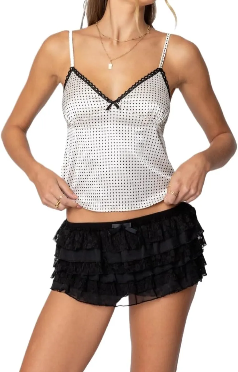 Satin Polka Dot Top Y2k Summer Wome's Camisole Cute Crop Spaghetti Strap Bow Tops