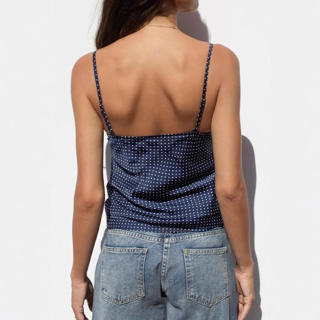 Satin Polka Dot Top Y2k Summer Wome's Camisole Cute Crop Spaghetti Strap Bow Tops