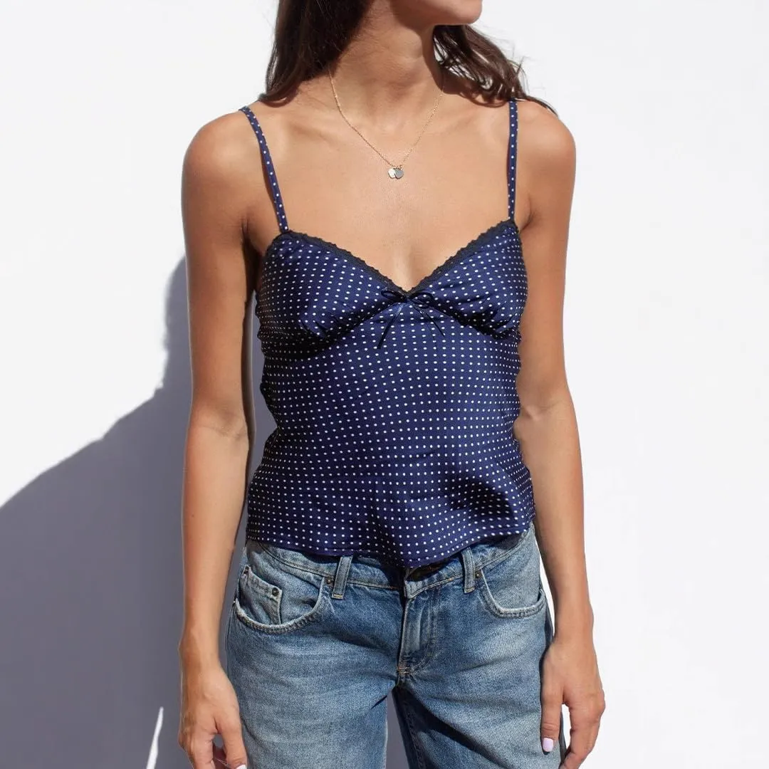 Satin Polka Dot Top Y2k Summer Wome's Camisole Cute Crop Spaghetti Strap Bow Tops