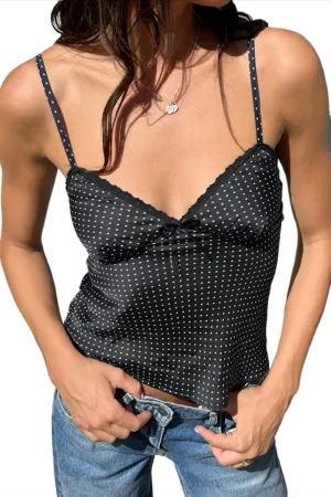 Satin Polka Dot Top Y2k Summer Wome's Camisole Cute Crop Spaghetti Strap Bow Tops