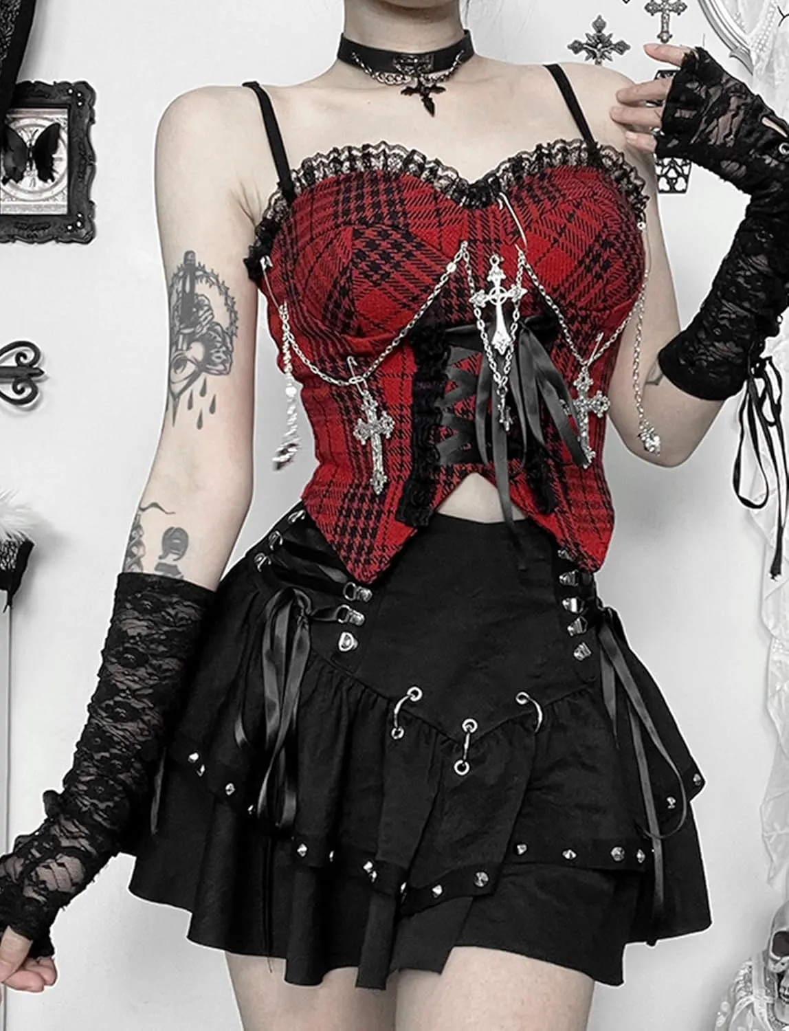 SEAUR Womens Gothic Skirt Steampunk A Line Skirt High Waist Layered Skirt Pleated Ruffle Lace Up Skirts Vintage Goth Costume