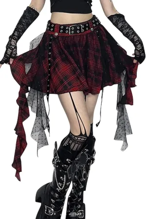SEAUR Womens Gothic Skirt Steampunk A Line Skirt High Waist Layered Skirt Pleated Ruffle Lace Up Skirts Vintage Goth Costume
