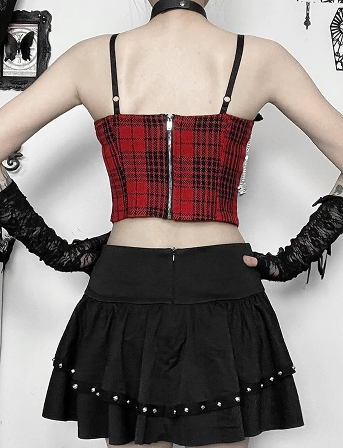 SEAUR Womens Gothic Skirt Steampunk A Line Skirt High Waist Layered Skirt Pleated Ruffle Lace Up Skirts Vintage Goth Costume