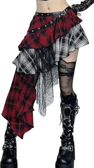 SEAUR Womens Gothic Skirt Steampunk A Line Skirt High Waist Layered Skirt Pleated Ruffle Lace Up Skirts Vintage Goth Costume