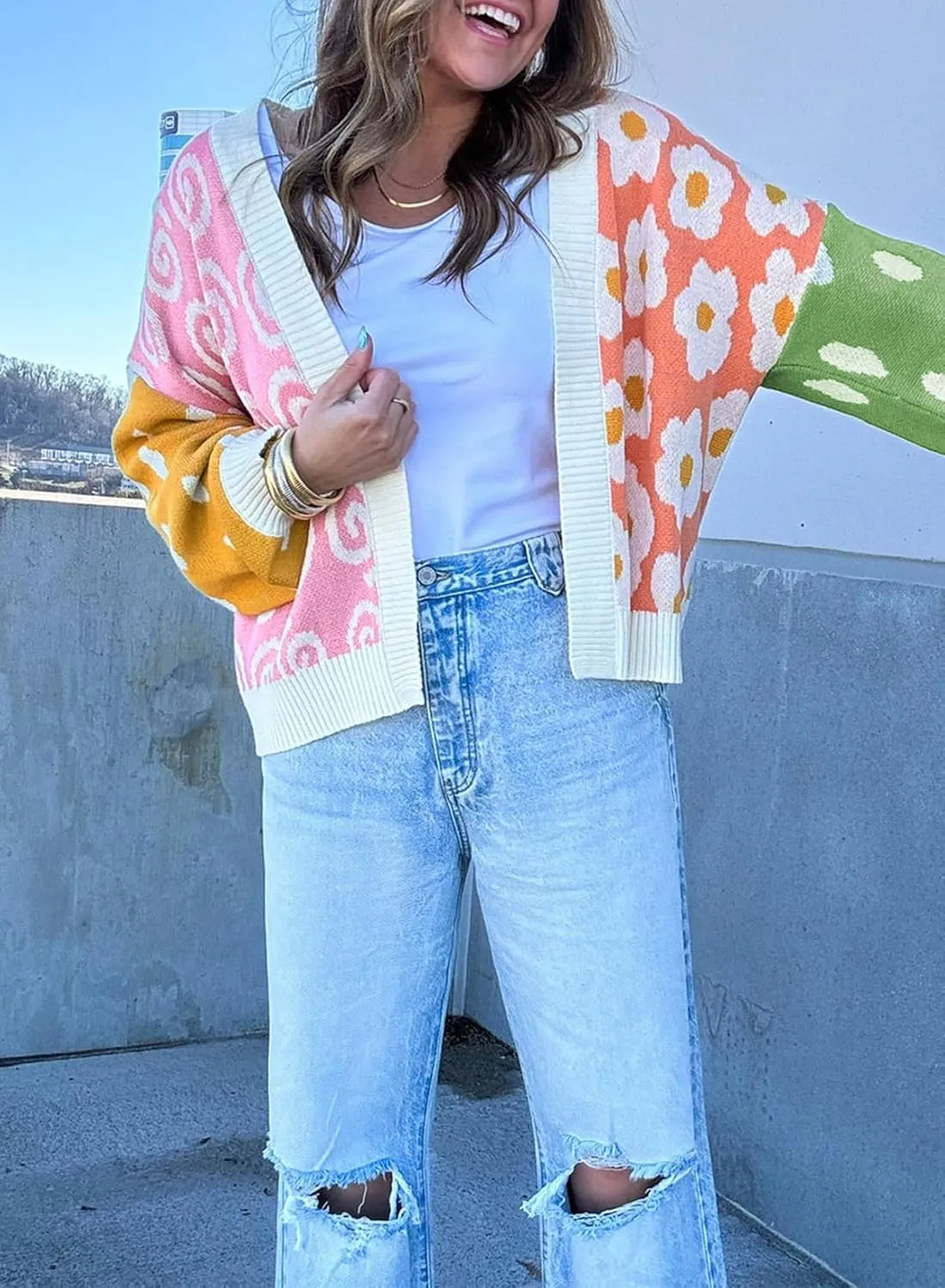 SELINK Women's Cardigan Sweater Flower Dotted Mixed Print Colorblock Open Front Cardigan Patchwork Long Sleeve Outwear