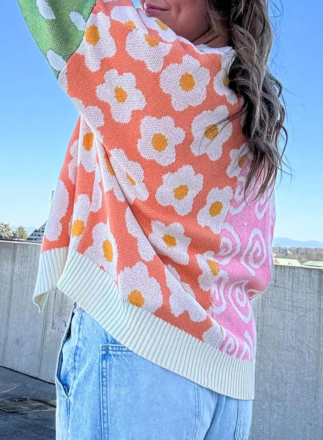 SELINK Women's Cardigan Sweater Flower Dotted Mixed Print Colorblock Open Front Cardigan Patchwork Long Sleeve Outwear