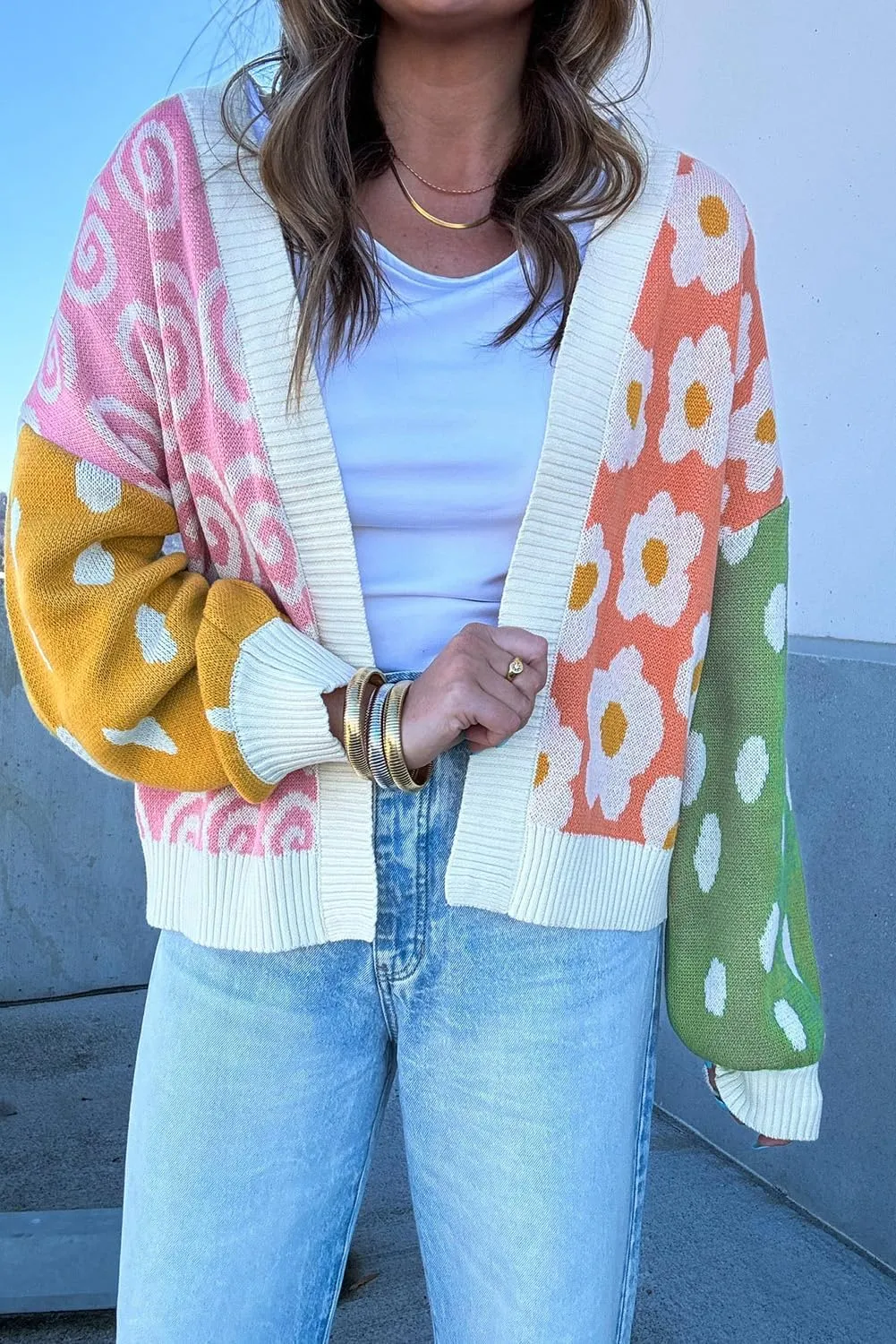 SELINK Women's Cardigan Sweater Flower Dotted Mixed Print Colorblock Open Front Cardigan Patchwork Long Sleeve Outwear