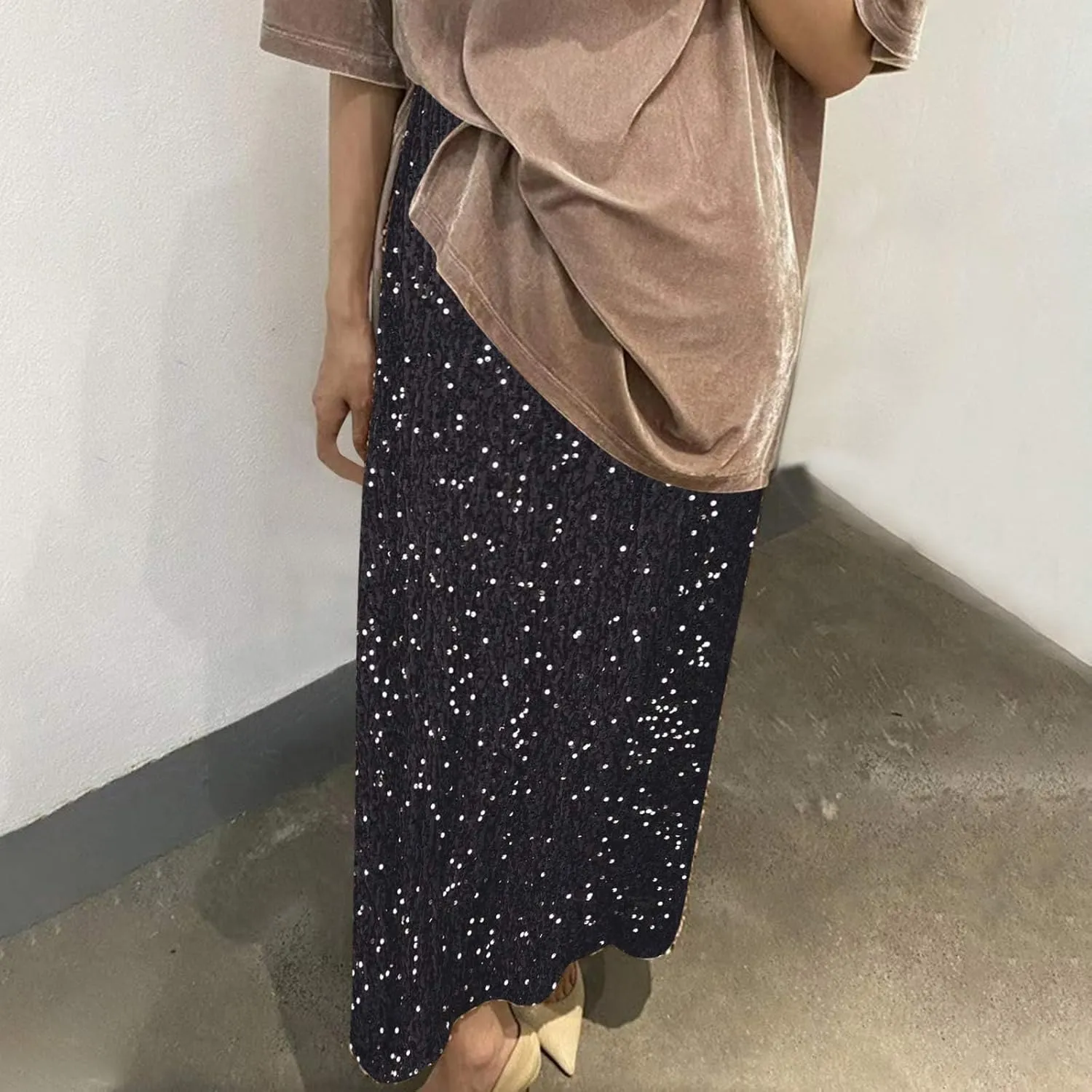 Sequin Long Skirts for Women Sparkly Plus Size Stretch Skirt Elastic Comfort Baggy Skirt Party Casual A Line Skirts