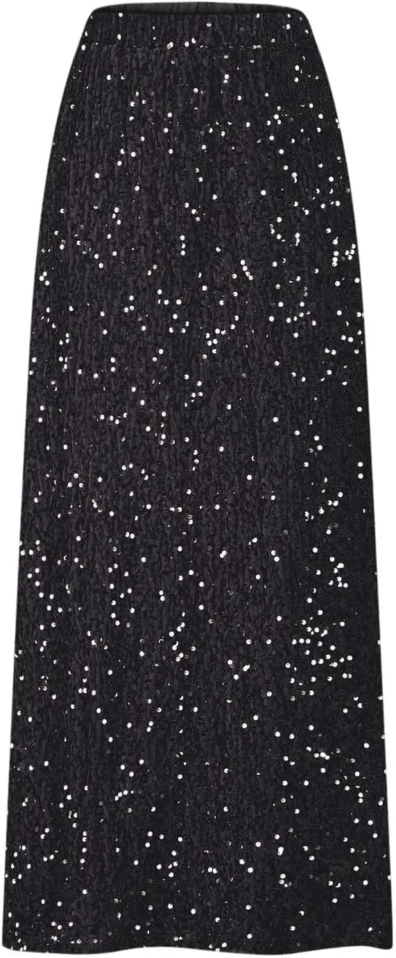 Sequin Long Skirts for Women Sparkly Plus Size Stretch Skirt Elastic Comfort Baggy Skirt Party Casual A Line Skirts
