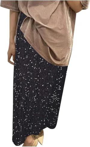Sequin Long Skirts for Women Sparkly Plus Size Stretch Skirt Elastic Comfort Baggy Skirt Party Casual A Line Skirts