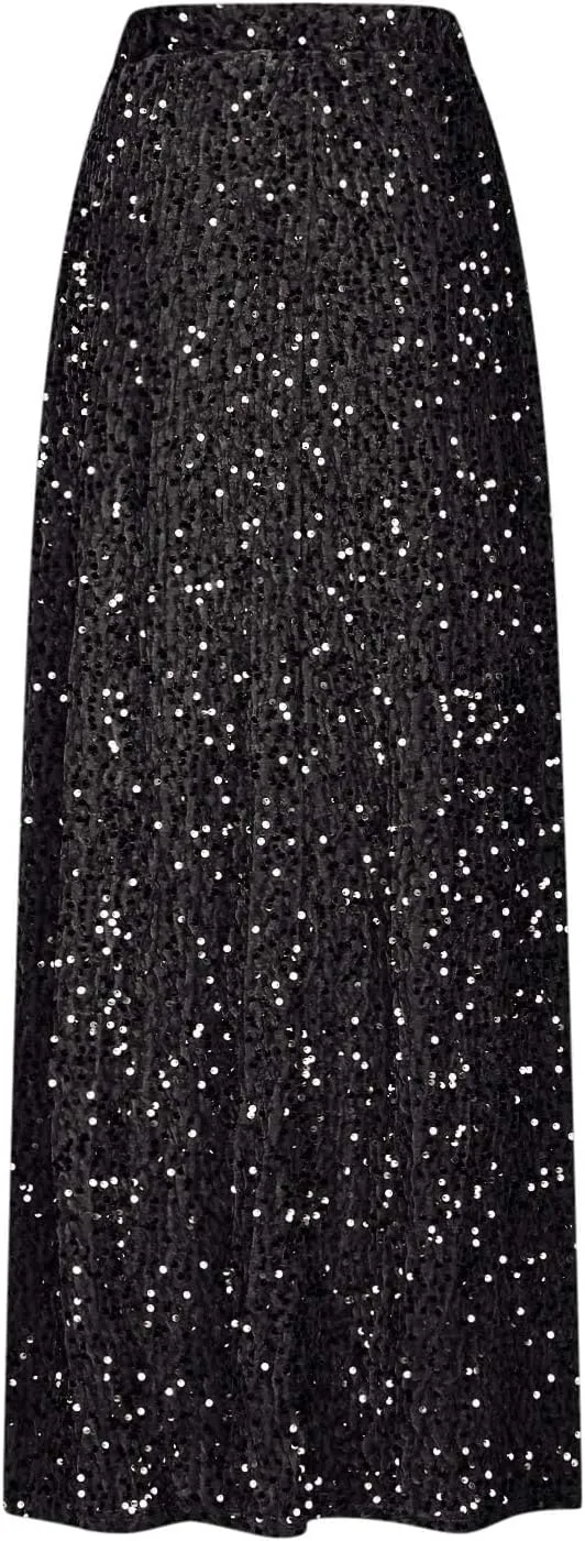 Sequin Long Skirts for Women Sparkly Plus Size Stretch Skirt Elastic Comfort Baggy Skirt Party Casual A Line Skirts