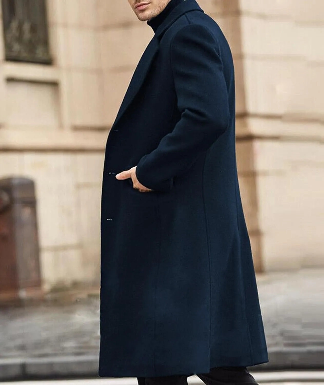 Sexyshine Men's Trench Coat Slim Fit Notched Collar Single Breasted Long Pea Coat Jacket Fall Winter Overcoat with Pockets