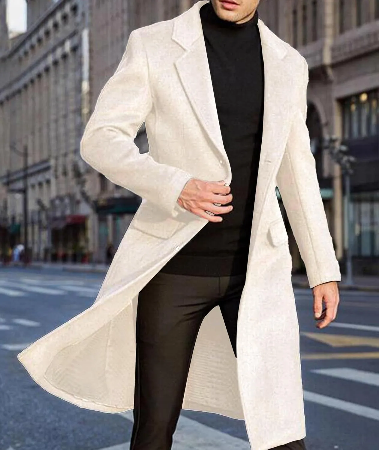 Sexyshine Men's Trench Coat Slim Fit Notched Collar Single Breasted Long Pea Coat Jacket Fall Winter Overcoat with Pockets