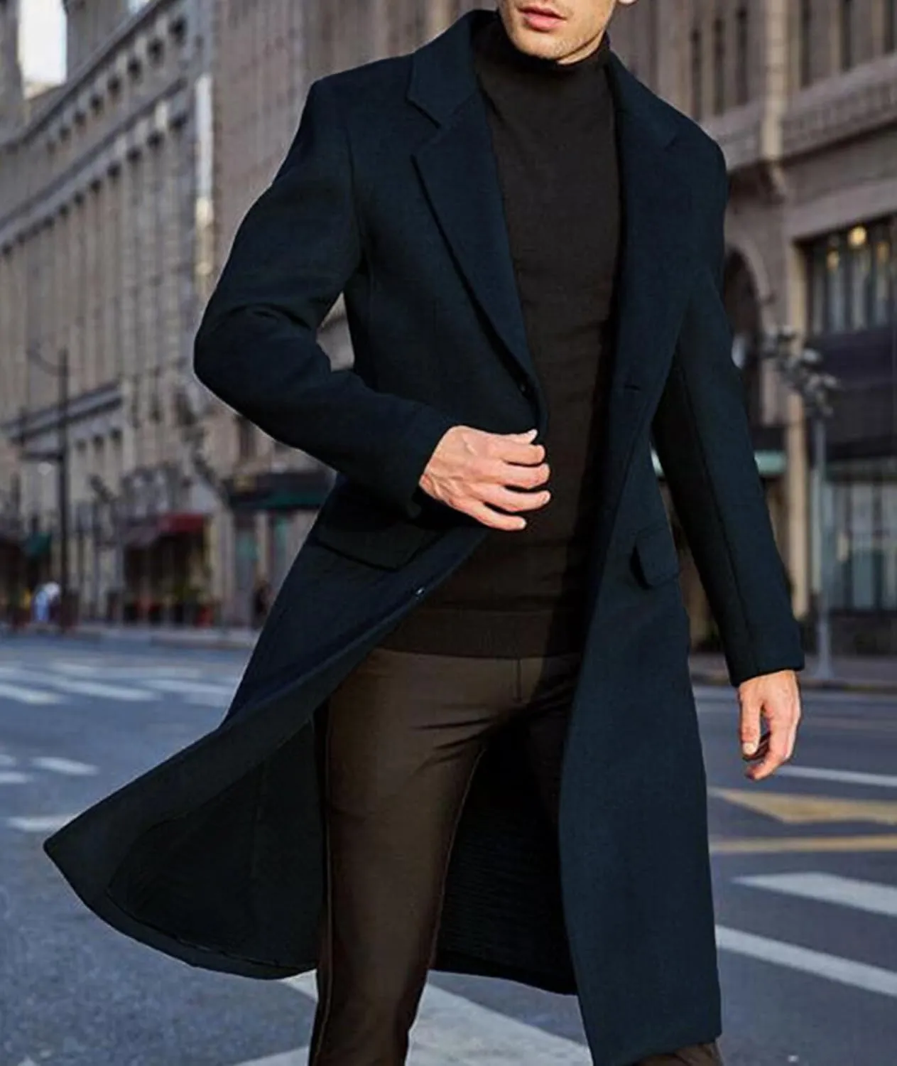 Sexyshine Men's Trench Coat Slim Fit Notched Collar Single Breasted Long Pea Coat Jacket Fall Winter Overcoat with Pockets