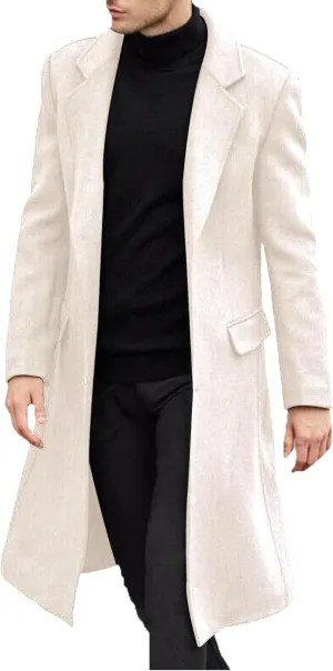 Sexyshine Men's Trench Coat Slim Fit Notched Collar Single Breasted Long Pea Coat Jacket Fall Winter Overcoat with Pockets