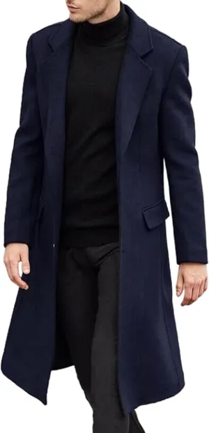Sexyshine Men's Trench Coat Slim Fit Notched Collar Single Breasted Long Pea Coat Jacket Fall Winter Overcoat with Pockets