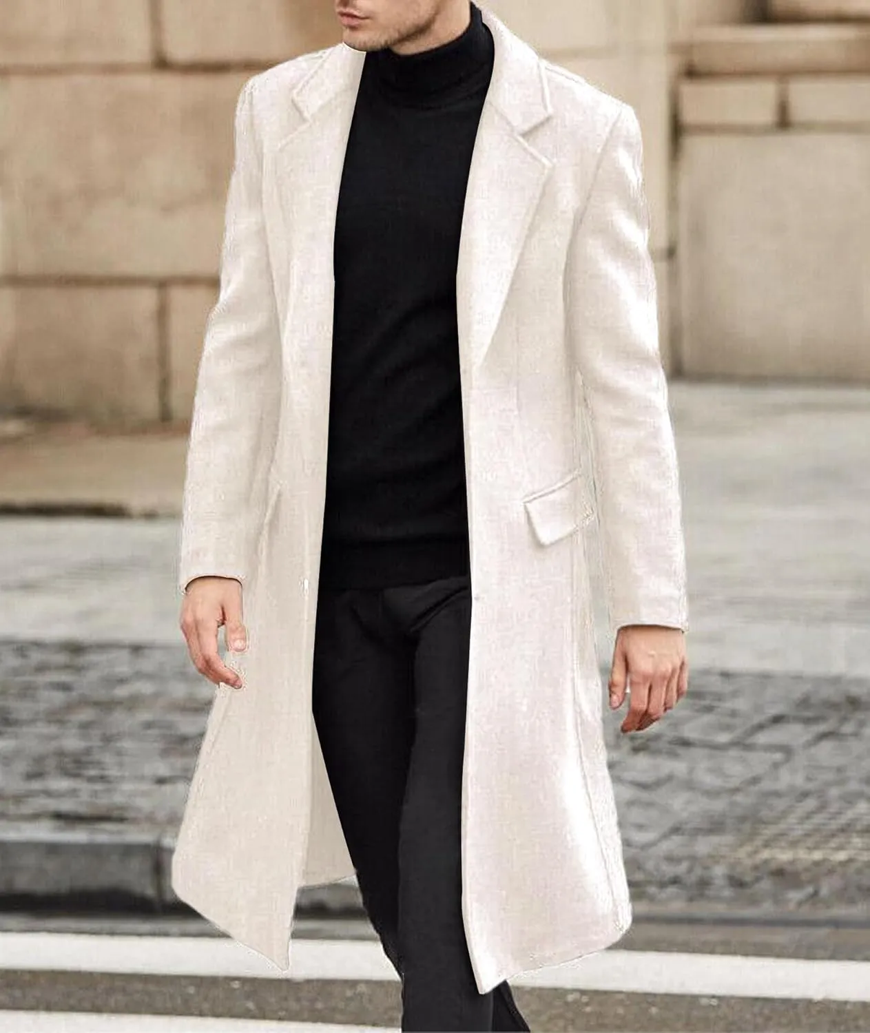Sexyshine Men's Trench Coat Slim Fit Notched Collar Single Breasted Long Pea Coat Jacket Fall Winter Overcoat with Pockets