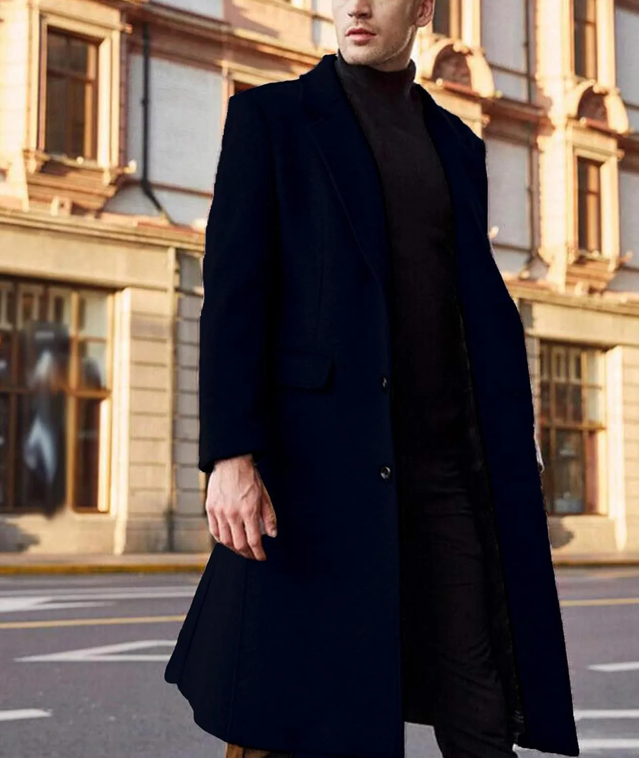 Sexyshine Men's Trench Coat Slim Fit Notched Collar Single Breasted Long Pea Coat Jacket Fall Winter Overcoat with Pockets