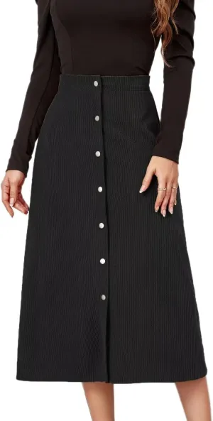 Shefae Women's Corduroy Midi Long Skirt Button Front High Waist A-Line Skirt