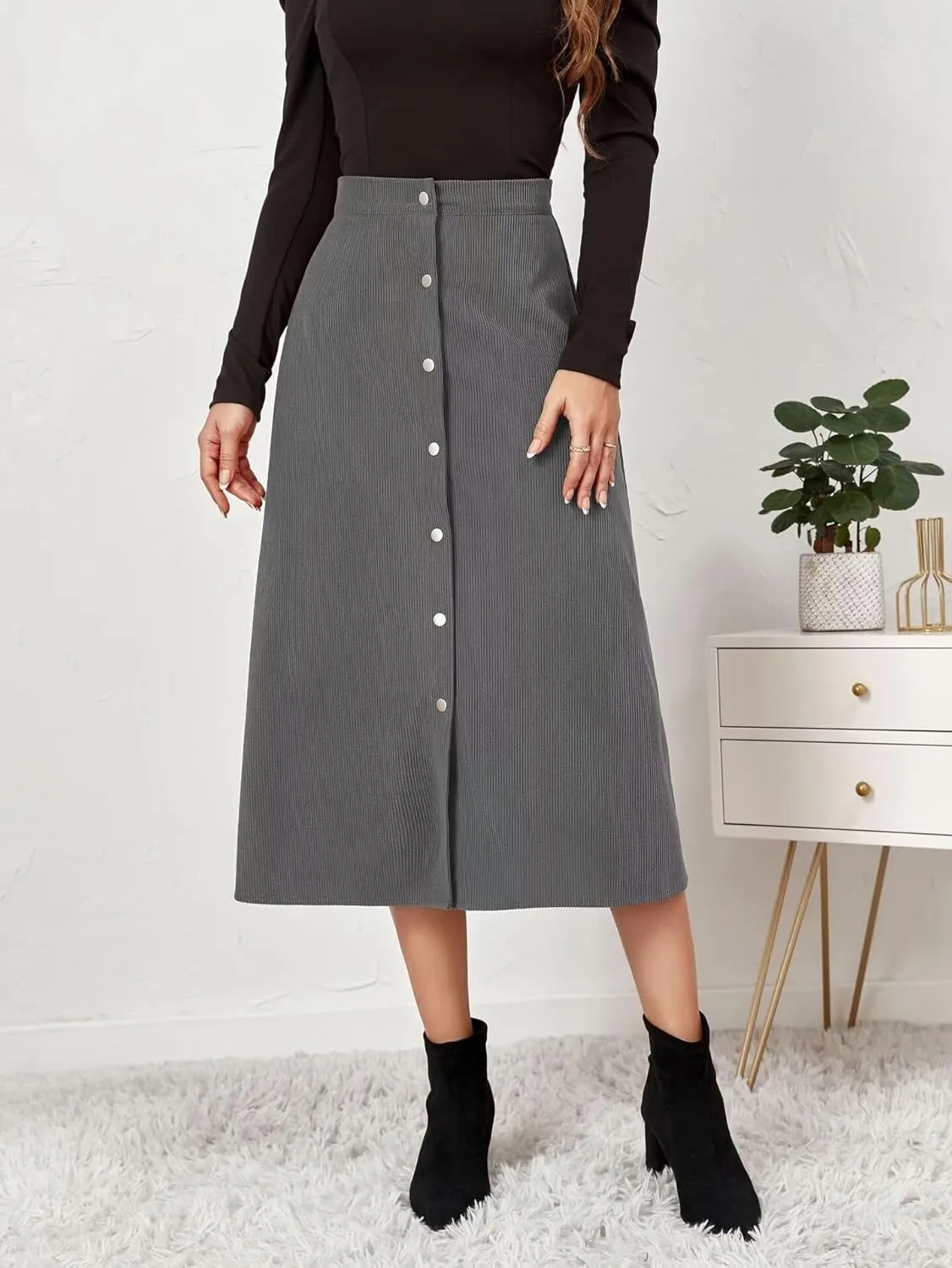 Shefae Women's Corduroy Midi Long Skirt Button Front High Waist A-Line Skirt