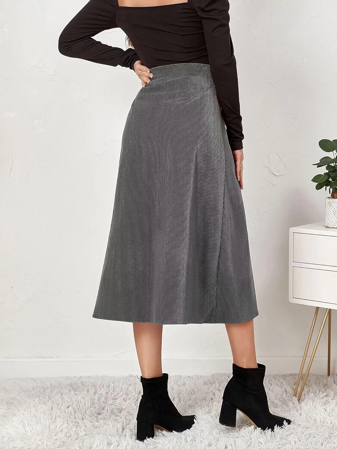 Shefae Women's Corduroy Midi Long Skirt Button Front High Waist A-Line Skirt