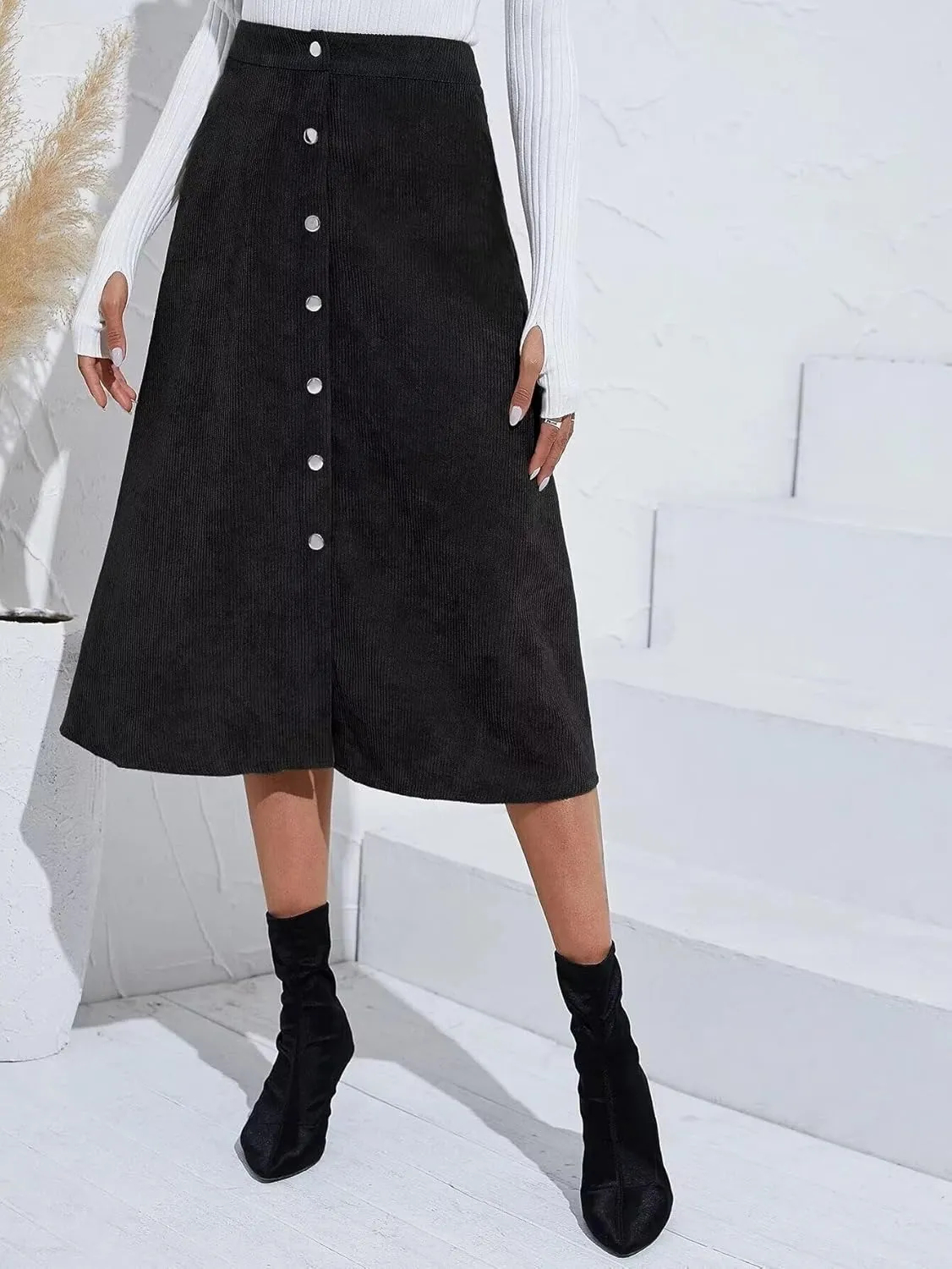 Shefae Women's Corduroy Midi Long Skirt Button Front High Waist A-Line Skirt