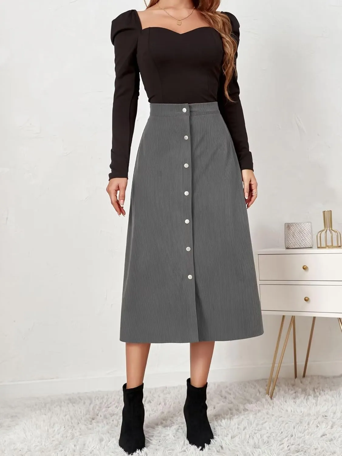 Shefae Women's Corduroy Midi Long Skirt Button Front High Waist A-Line Skirt