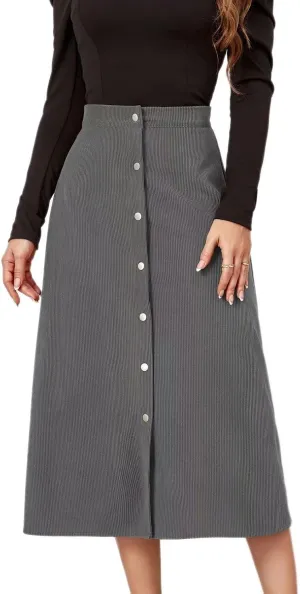 Shefae Women's Corduroy Midi Long Skirt Button Front High Waist A-Line Skirt