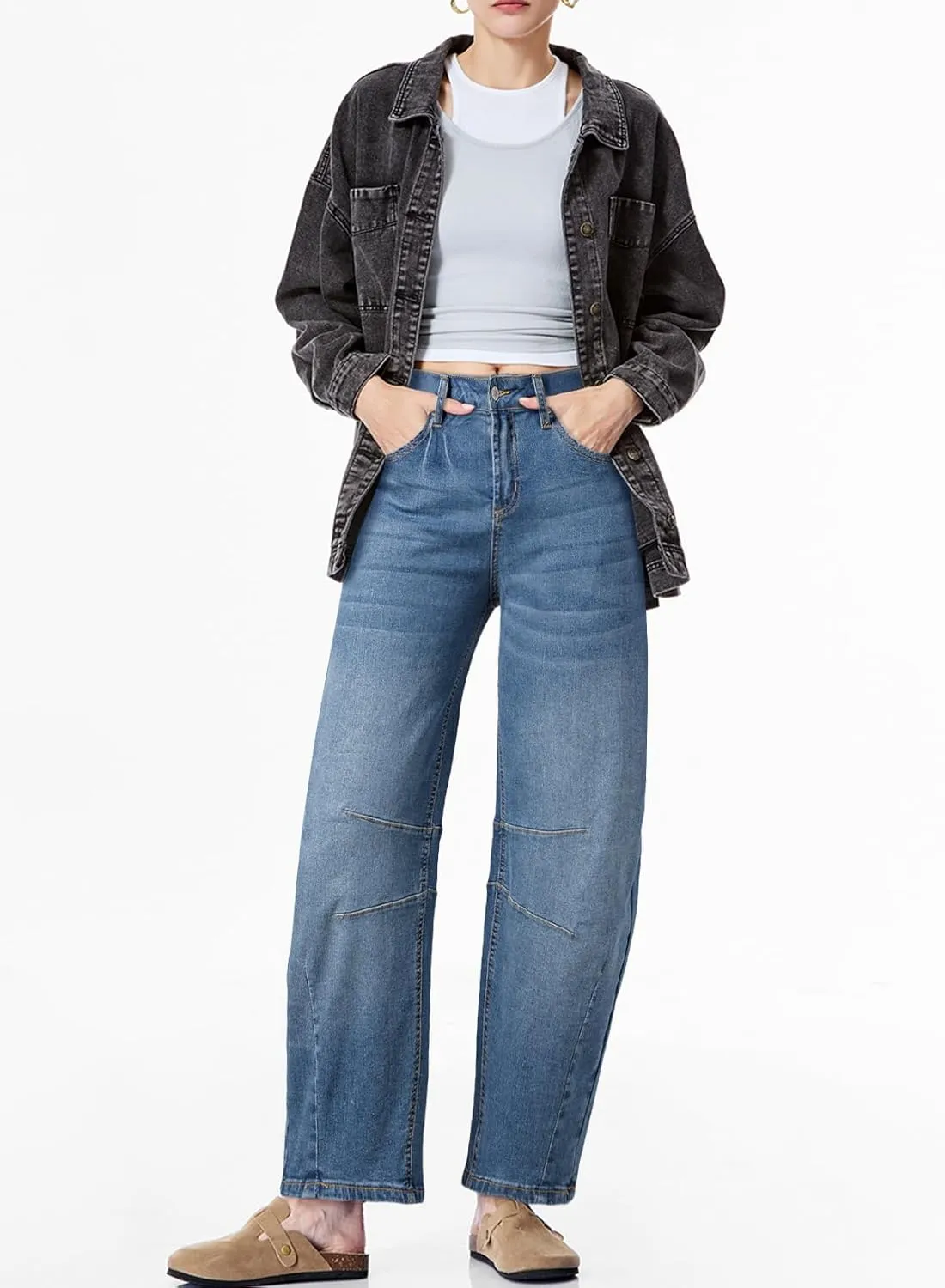 Sidefeel Women's Barrel Jeans Wide Leg Vintage Mid Rise Y2k Baggy Boyfriend Ankle Denim Pants