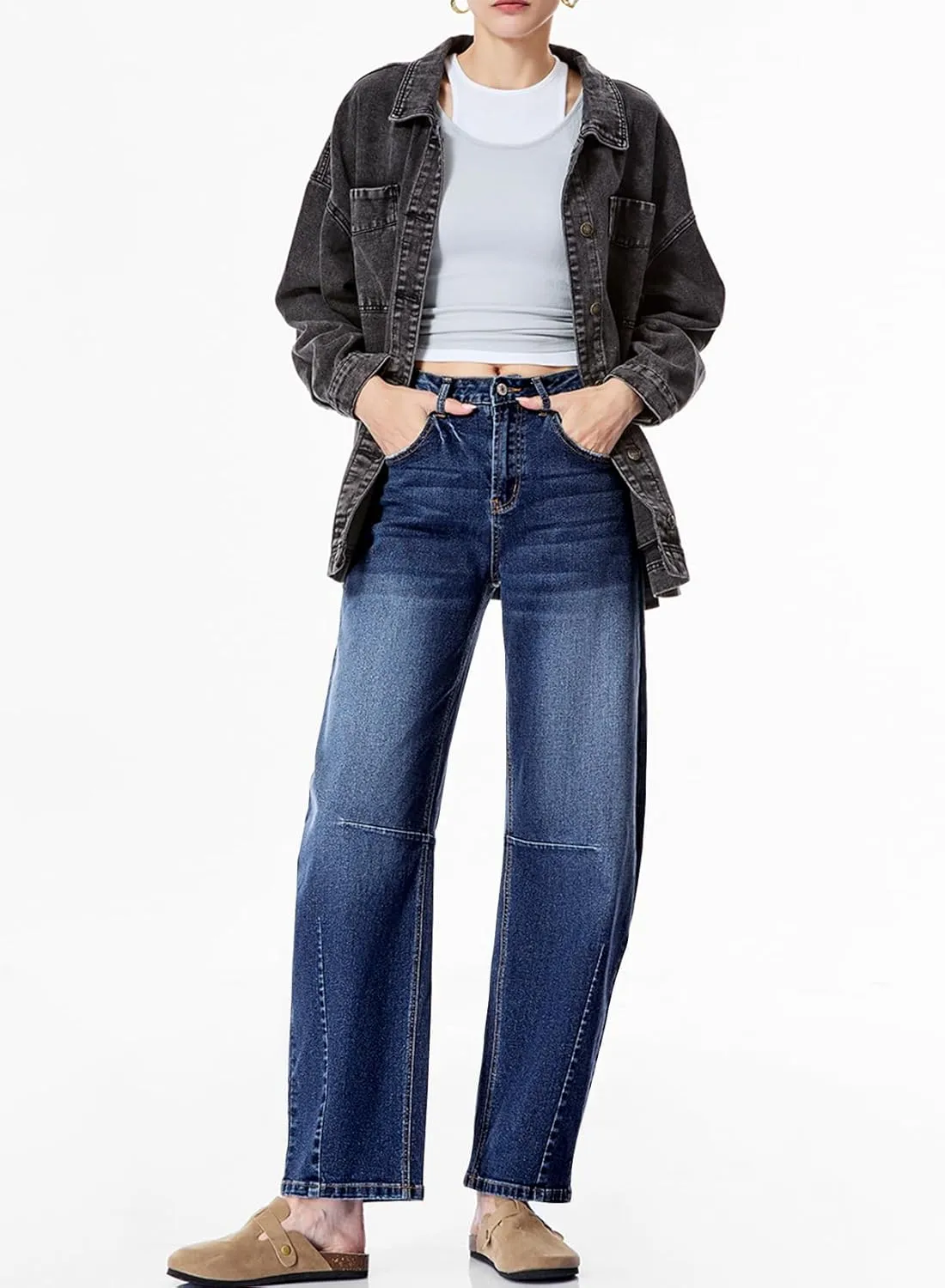 Sidefeel Women's Barrel Jeans Wide Leg Vintage Mid Rise Y2k Baggy Boyfriend Ankle Denim Pants