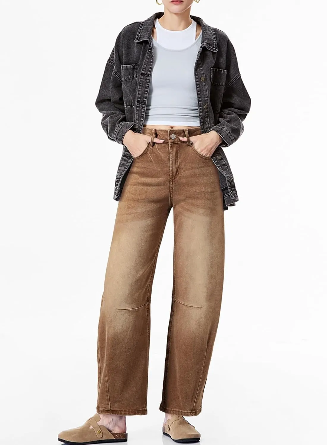 Sidefeel Women's Barrel Jeans Wide Leg Vintage Mid Rise Y2k Baggy Boyfriend Ankle Denim Pants
